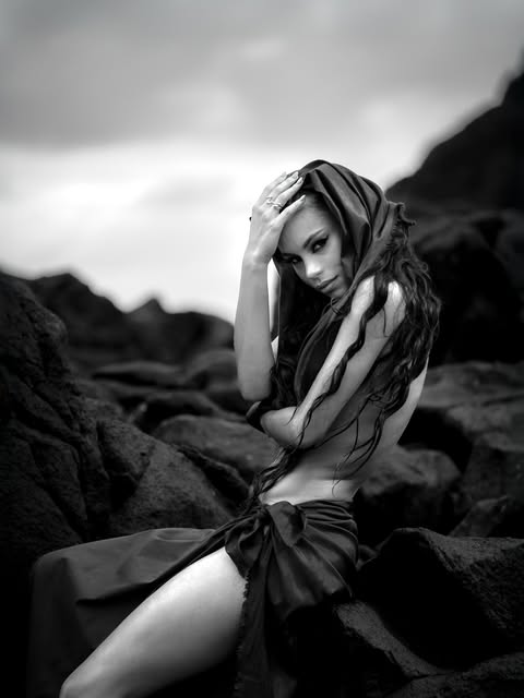 Portrait en noir et blanc dans un paysage minéral